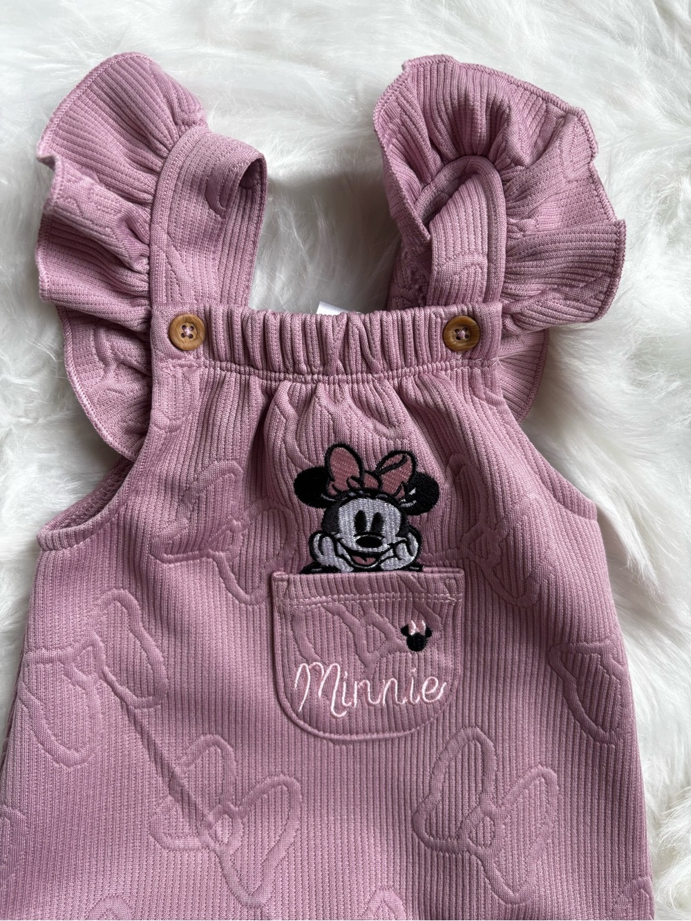 6/9 months Minnie Mouse Mauve Pink Ruffle Strap Baby Overalls
